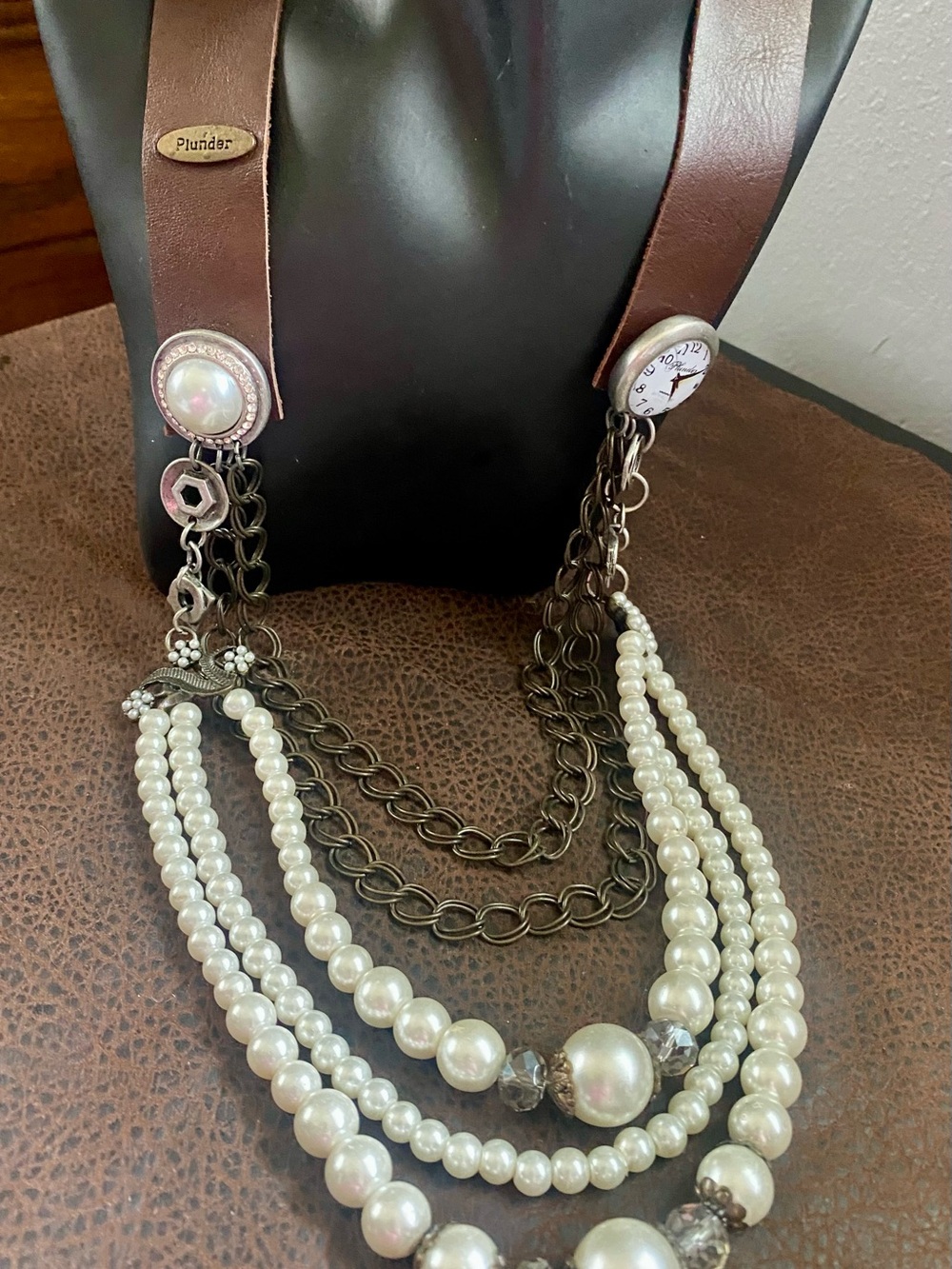 Plunder Leather and Pearl Steampunk Watch face Boho Multi-Strand Necklace